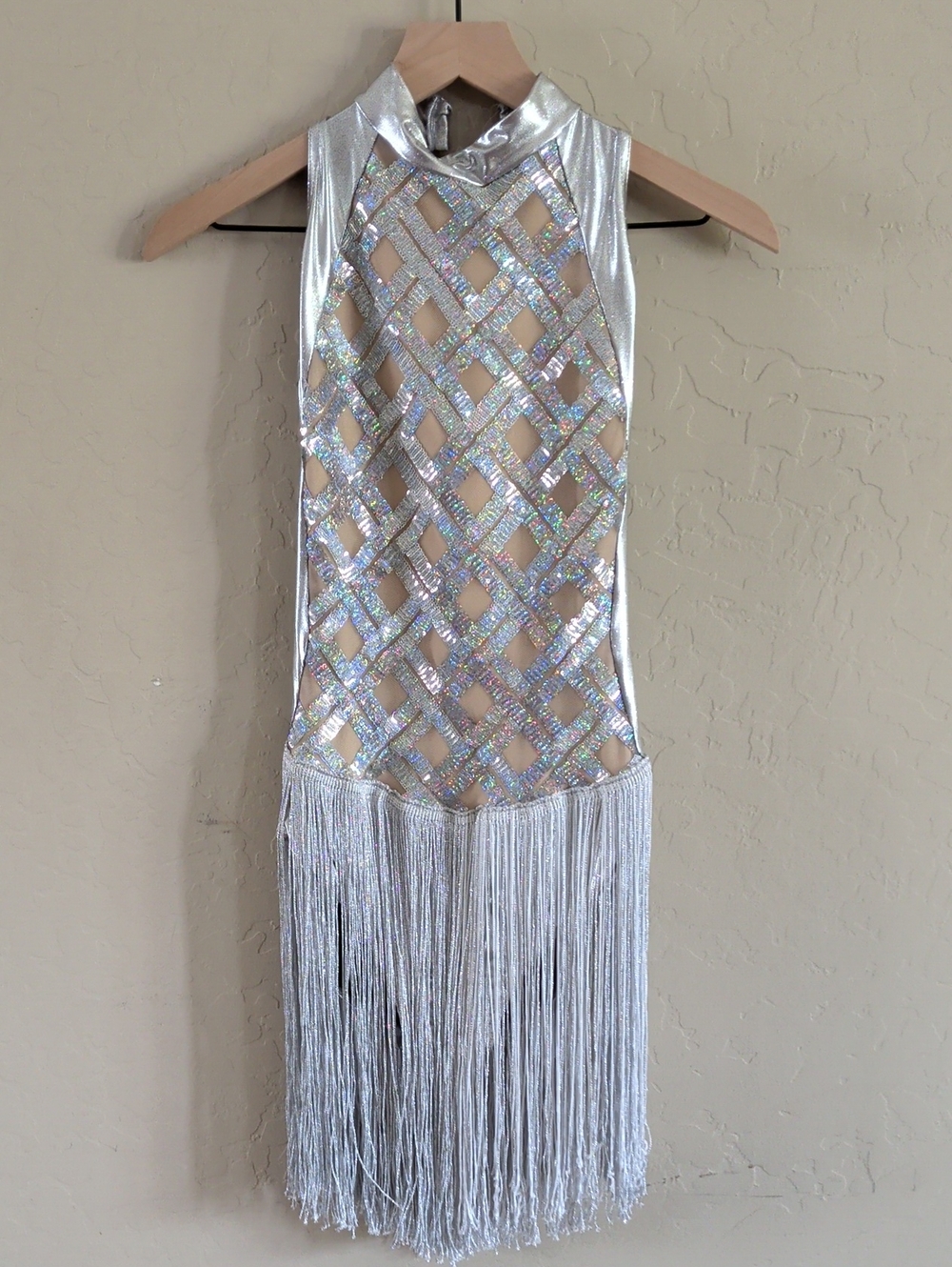 Wish Silver Holographic Lattice Halter Mini Dress with Fringe